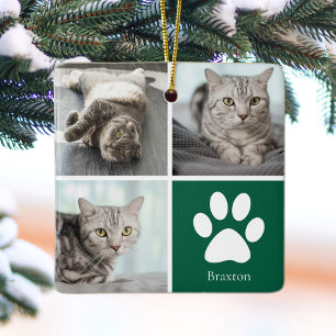 Anpassad kattfotokollage söt grön jul julgransprydnad keramik