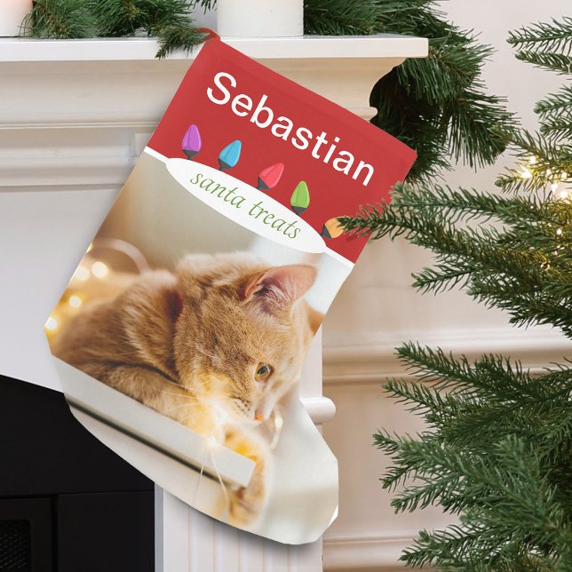 Anpassad kattnamnsfoto liten julstrumpa (Custom Cat Name Photo Small Christmas Stocking)