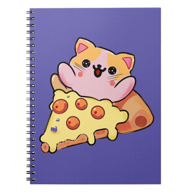 Anpassad Kawaii Katt som kramar Pepperoni Pizza Te Anteckningsbok (Framsidan)