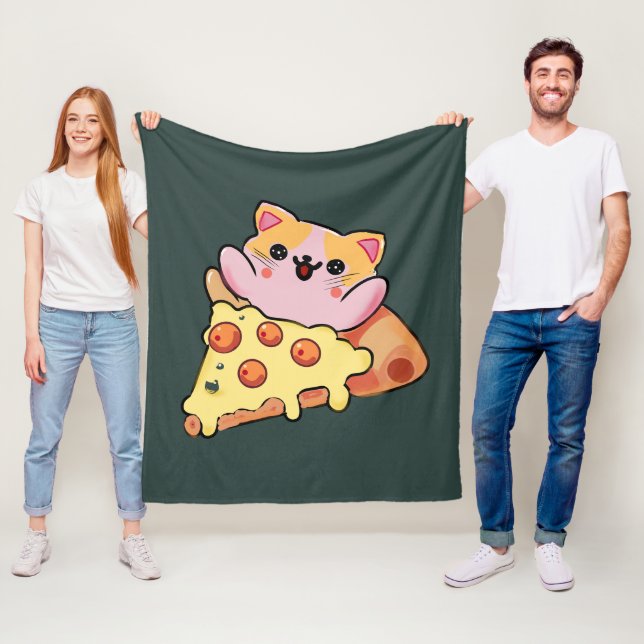 Anpassad Kawaii Katt som kramar Pepperoni Pizza Te Fleecefilt (På plats)
