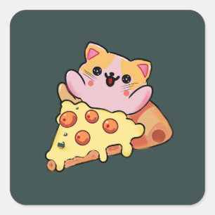 Anpassad Kawaii Katt som kramar Pepperoni Pizza Te Fyrkantigt Klistermärke