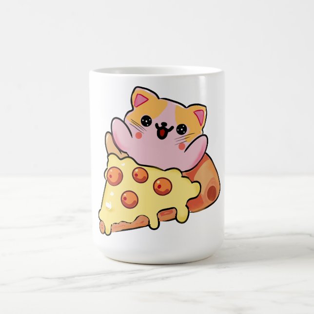 Anpassad Kawaii Katt som kramar Pepperoni Pizza Te Kaffemugg (Center)