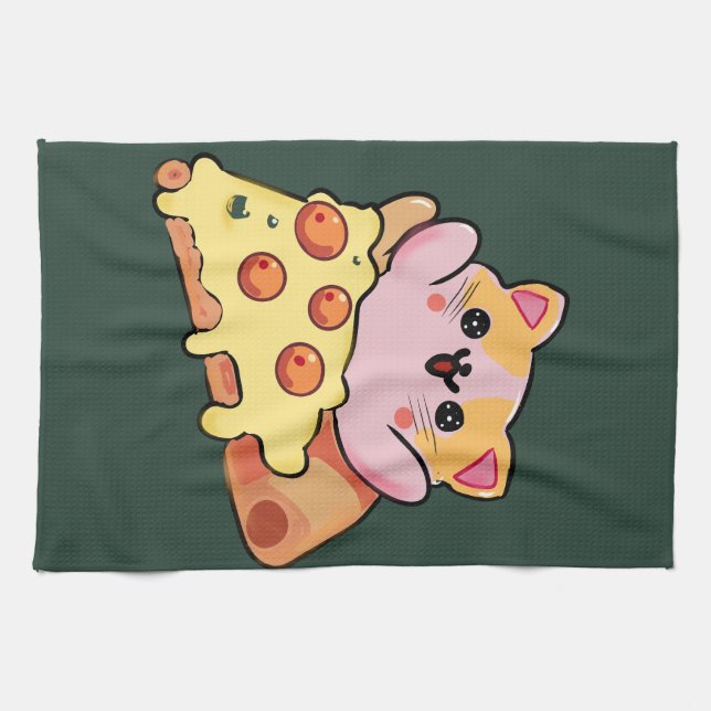 Anpassad Kawaii Katt som kramar Pepperoni Pizza Te Kökshandduk (Horisontell)