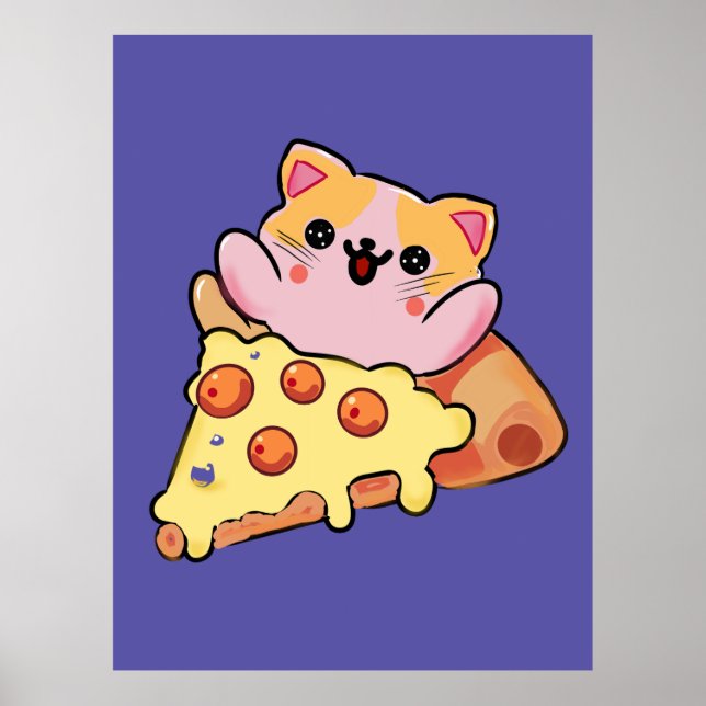 Anpassad Kawaii Katt som kramar Pepperoni Pizza Te Poster (Framsidan)