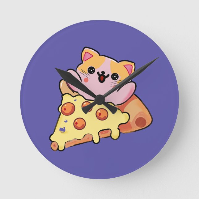 Anpassad Kawaii Katt som kramar Pepperoni Pizza Te Rund Klocka (Framsida)