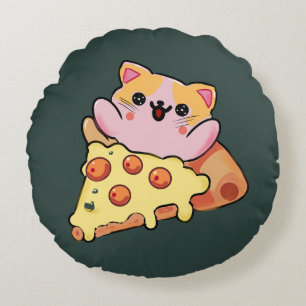 Anpassad Kawaii Katt som kramar Pepperoni Pizza Te Rund Kudde