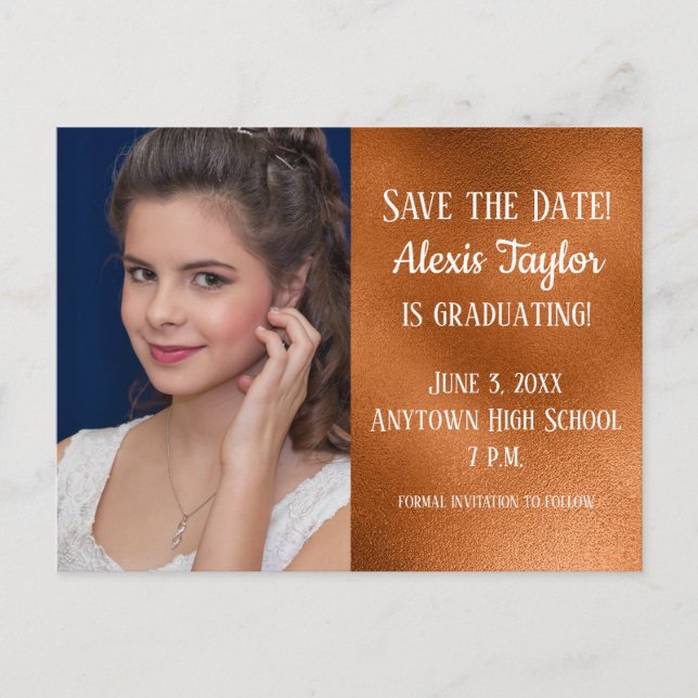 Anpassad koppar examen Save the Date Vykort (Framsida)
