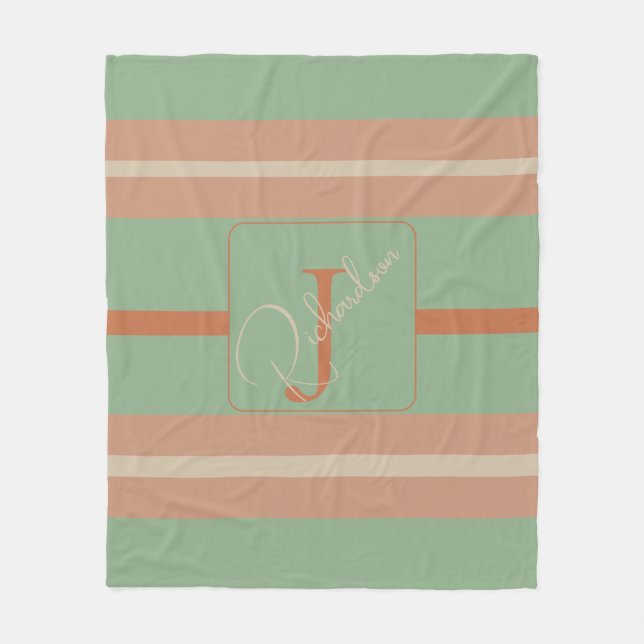 Anpassad Korall Sage Randig Monogram Boho Pastell  Fleecefilt (Framsidan)