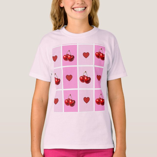 Anpassad körsbärs hjärta schackbrädemönster t shirt (Framsida)