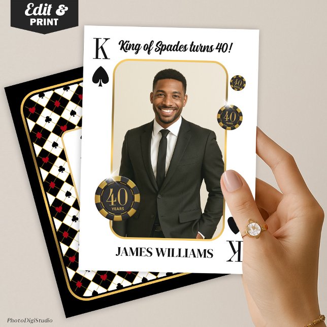 Anpassad Kung av Spader Födelsedagsinbjudan, Kasin Inbjudningar (Custom King of Spades Birthday Invite with Photo, Casino Invitation)