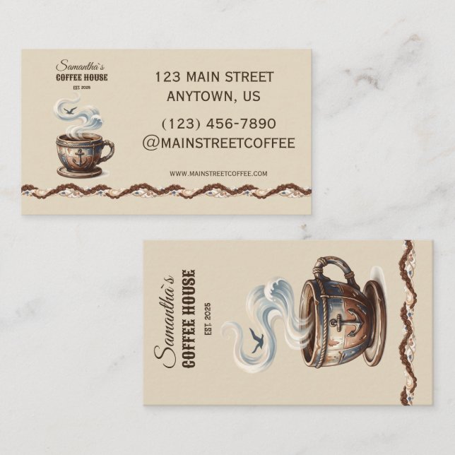 Anpassad kustnära café-varumärkning  visitkort (Fram/baksida)
