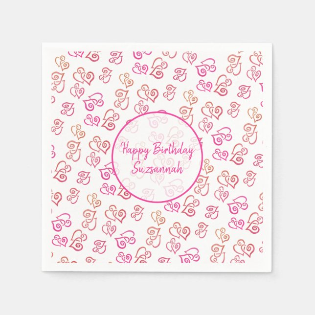 Anpassad länkad orange rosa hjärtmönster över vit pappersservett (Framsidan)