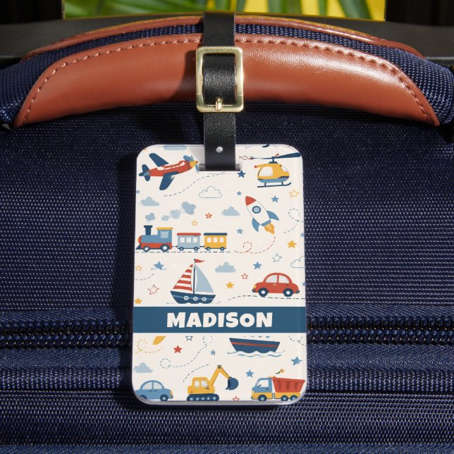 Anpassad lekfull båt flygplan bil tåg mönster bagagebricka (Framsida Insitu 2)