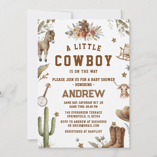 Anpassad lite cowboy-barnkalasinbjudan inbjudningar (Framsida)