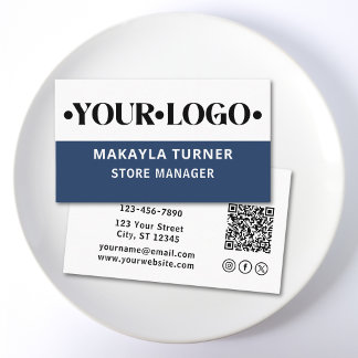 Anpassad logotyp Blå QR-kod Sociala ikoner Visitkort