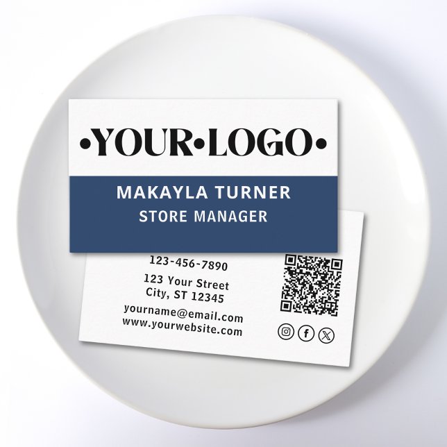 Anpassad logotyp Blå QR-kod Sociala ikoner Visitkort (Skapare uppladdad)