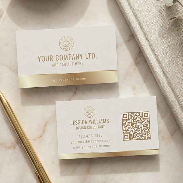 Anpassad logotyp Elegant Beige Guld QR-kod Visitkort (Skapare uppladdad)