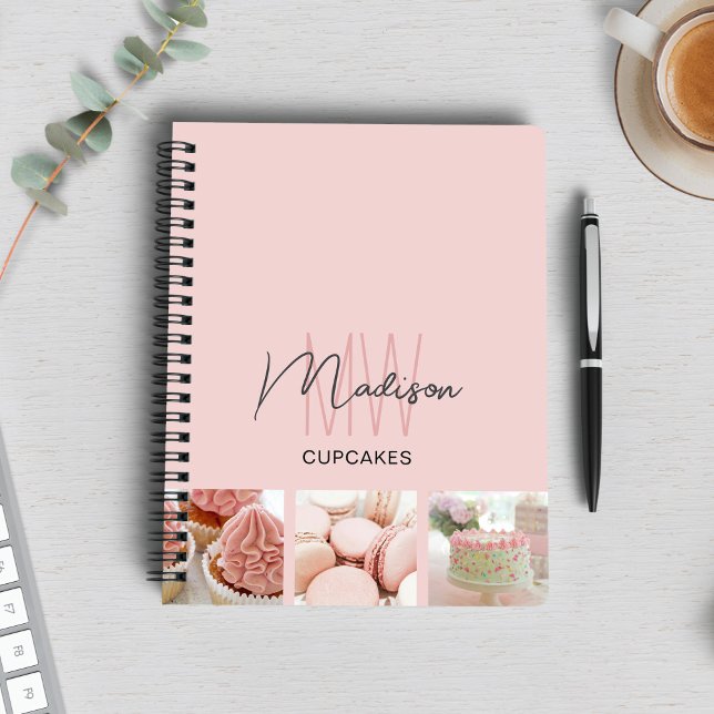 Anpassad Logotyp Foto Bageri Rosa Anteckningsbok (Custom Monogram Logo Photo Bakery Pink Notebook)