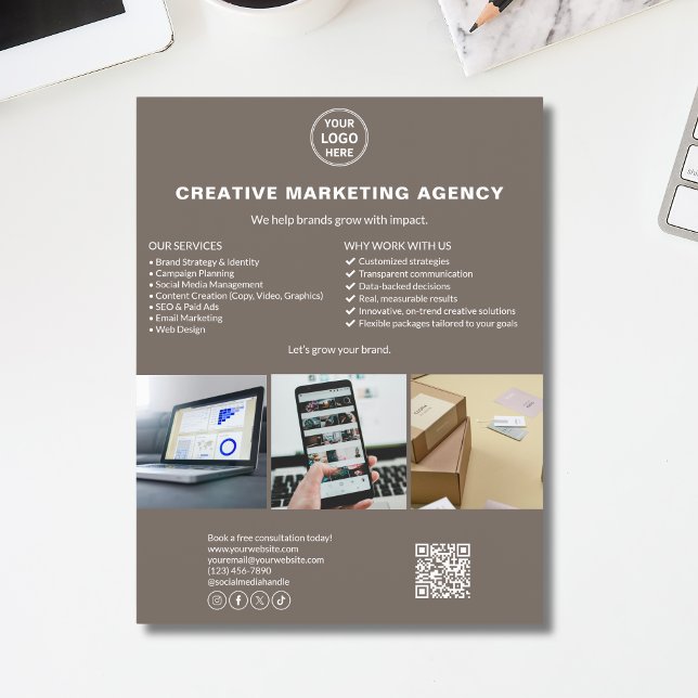 Anpassad logotyp Foto QR Beige Marknadsföring Före Reklamblad (Custom Logo Photo QR Taupe Marketing Business Flyer)