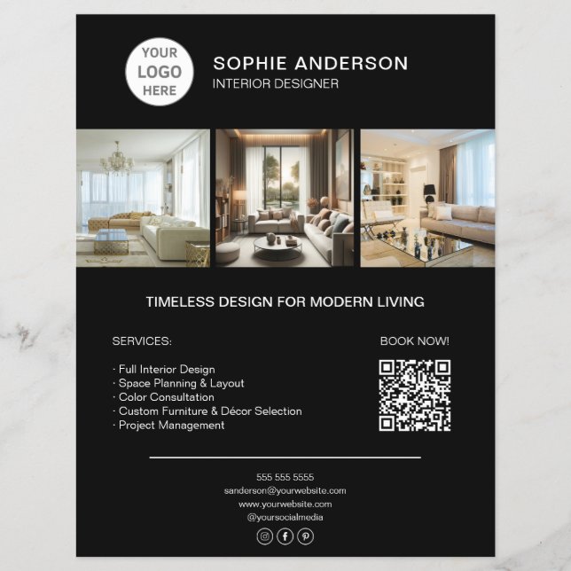 Anpassad logotyp Foto QR Svart Professionell Föret Reklamblad (Framsidan)