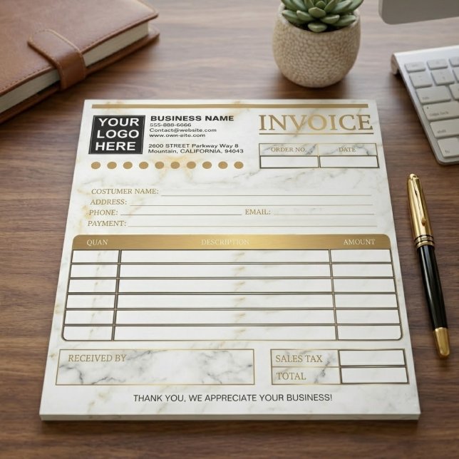 Anpassad logotyp (marmor) Kundfakturaformulär  Anteckningsblock (personalized company name sales receipt, simple marble customer invoice template)