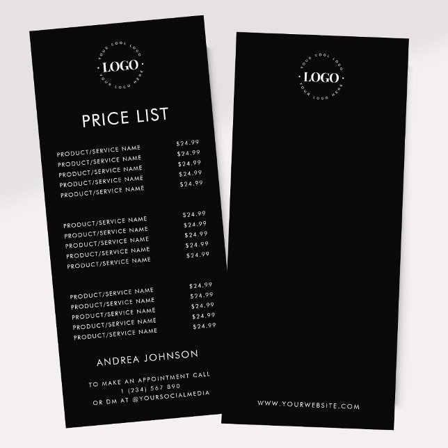 Anpassad logotyp Minimalistisk Svart Tjänster Pris Reklamkort (Skapare uppladdad)