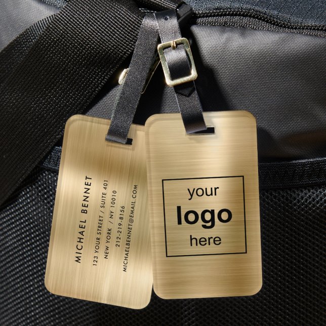 Anpassad logotyp monogram guld borstat metall bagagebricka (Custom Logo Monogrammed Gold Brushed Metal Luggage Tag)