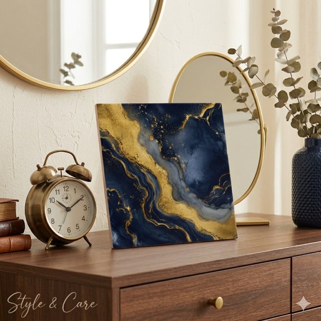Anpassad Lyx Navy Guld Abstrakt Marmor Fluid Konst Kakelplatta (Custom Luxury Navy Gold Abstract Marble Fluid Art Ceramic Tile)