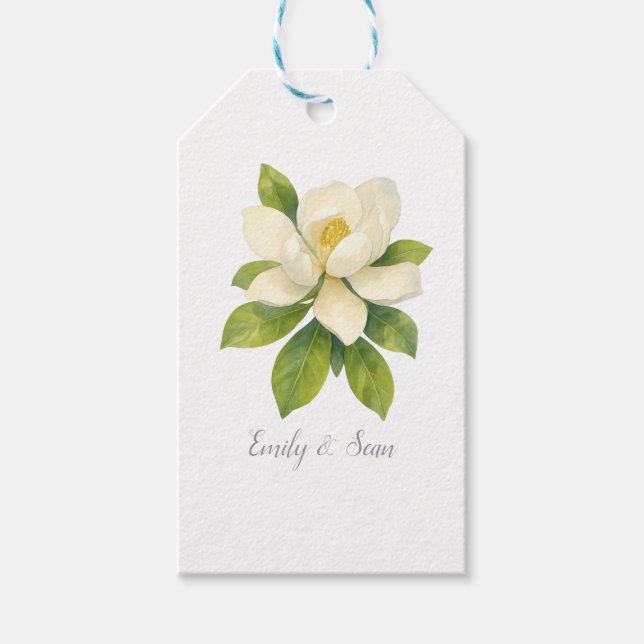 Anpassad Magnolia Blomma Anpassad Bröllopsmonogram Presentetikett (Framsidan)