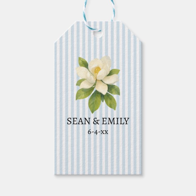 Anpassad Magnolia-målning, nautisk randig bröllops Presentetikett (Framsidan)