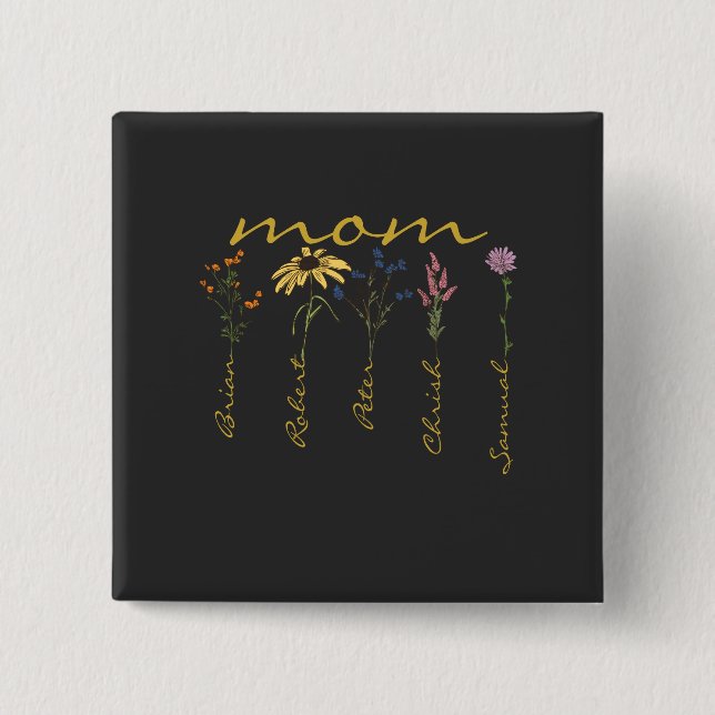 Anpassad mamma barn namn blomma knapp (Framsida)