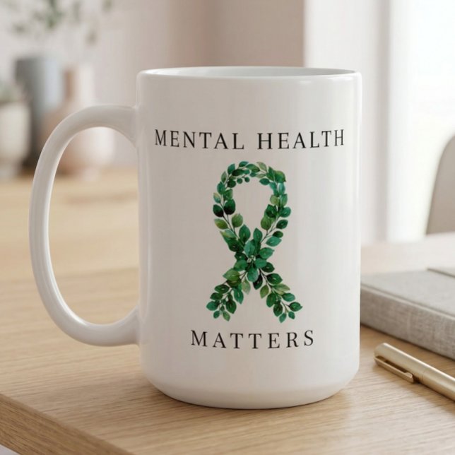 Anpassad Mental hälsa är viktigt Grönt band Kaffemugg (custom mental health personalized therapist gift)