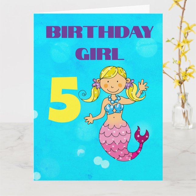 Anpassad Mermaid med Blont Hår 5-års Födelsedagsfl Kort (Gul blomma)