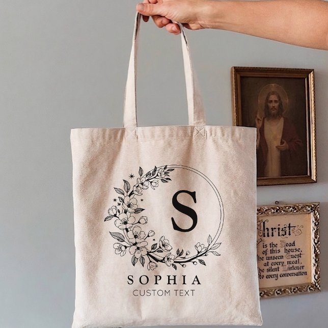 Anpassad minimalist blommonogram brud brudtjänstef tygkasse (Personalized Initial Tote Bag Floral Gift for Mom, Minimalist Monogram Tote Bag Gift for Bridesmaids)