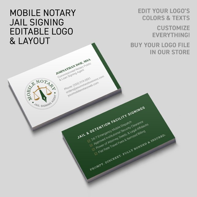 Anpassad mobil notarius legalt signering grönt gul visitkort (Fully editable logo and template: Choose your logo's colors and texts, add your own custom name.)
