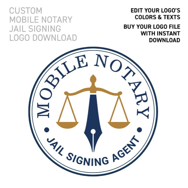 Anpassad mobil notarius logo för juridik, flotta o poster (Jail Signing Logo Download Mobile Notary:
CUSTOMIZE THIS LOGO COLORS & TEXTS!)