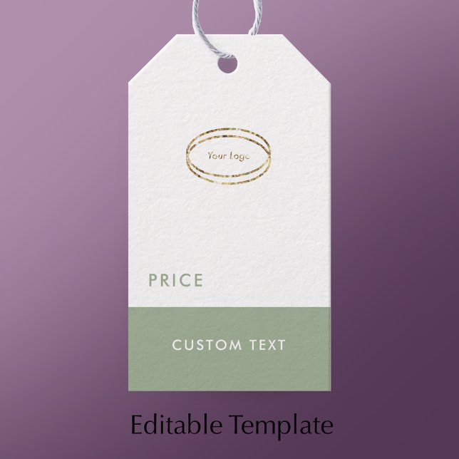 Anpassad Modern Askgrön Logotyp & QR-kod Prislapp Presentetikett (Customize this modern sage green price tag with your business logo and QR code.
)