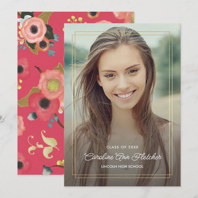 Anpassad modern blommig examensannonsering med fot meddelande (Fram/baksida)