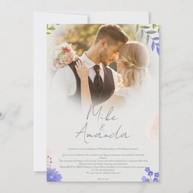 Anpassad Modern Blommigt-bröllopsinbjudan till Snö Inbjudningar (Framsida)