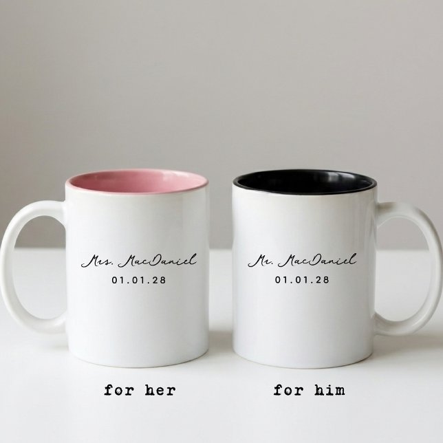 Anpassad Modern Bröllops Muggpresent till Brud och Två-Tonad Mugg (Personalized Mr and Mrs Mug Wedding Gift for Newlyweds, Modern Bride and Groom Mug Gift for Wedding)