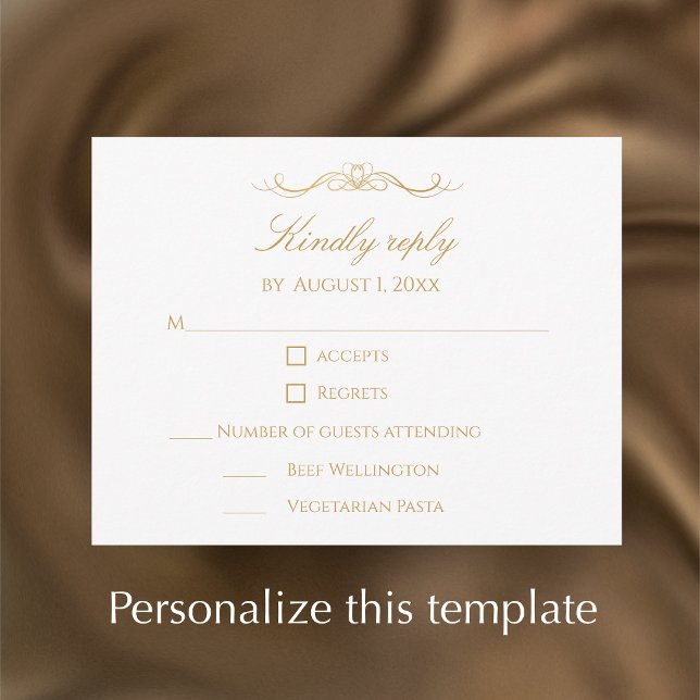 Anpassad Modern Elegant Skrift Guld & Vit Bröllop OSA Kort (Personalize this faux gold and white elegant swirl wedding reply card. Unique stylish design.)