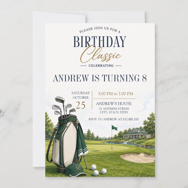 Anpassad modern golf födelsedag inbjudningar (Framsida)