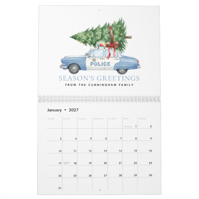Anpassad modern polis officer julgran bil kalender (Jan 2027)