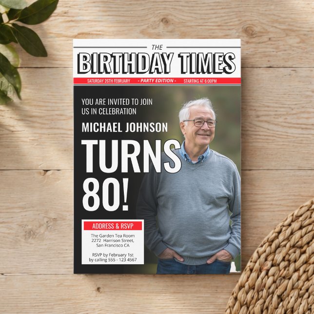 Anpassad modern tidningsframsida med foto för 80-å inbjudningar (Custom Photo Modern Newspaper Cover 80th Birthday Invitation)