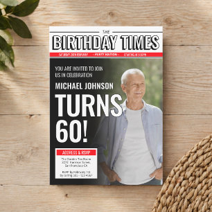 Anpassad modern tidningsomslag med foto 60-årsdag inbjudningar