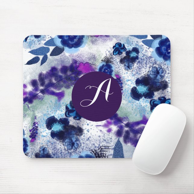 Anpassad monogram blå lila blommönster musmatta (Med mus)