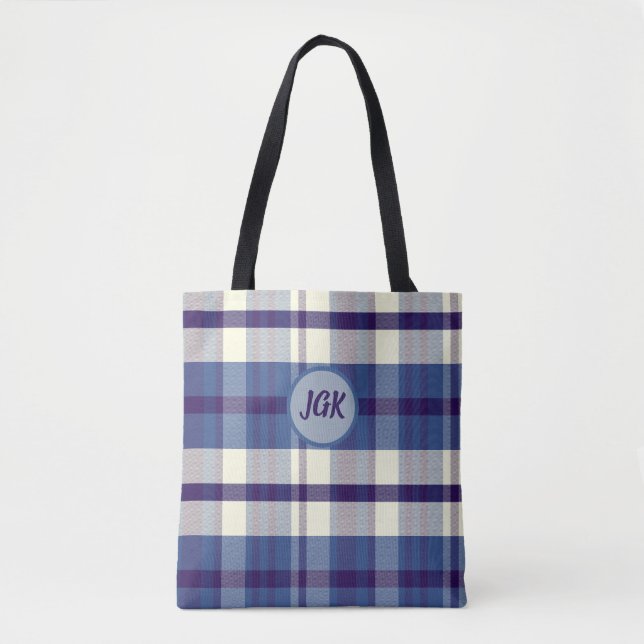 Anpassad monogram blå rutig totebag tygkasse (Framsida)
