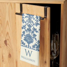 Anpassad monogram blå Toile kökshandduk
