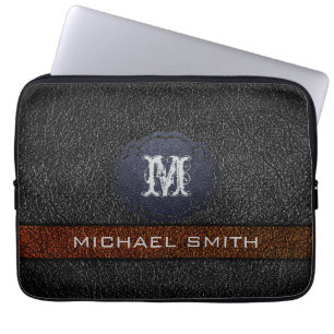 Anpassad monogram Brun och svart läder Laptop Sleeve
