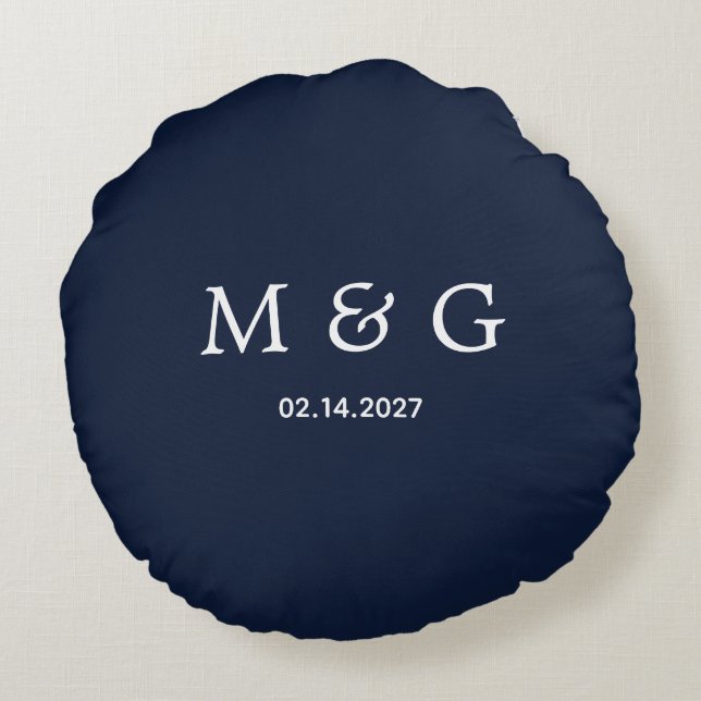 Anpassad Monogram Datum Marinblå Rund Kudd Design Kudde (Baksidan)